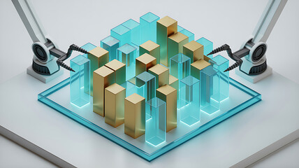 Clean 3D Render Isometric View Robotic Arm Automation Technology Data Analysis Financial Market Investment Gold Bar Chart Business Strategy Progress Solution