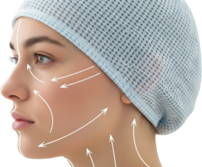 Profile close up of a woman's face with arrows indicating cosmetic treatment areas wearing a surgical cap isolate