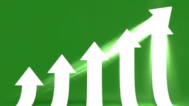 Dynamic business growth video sequence with upward trending arrows on vibrant green background, ideal for presentations and financial reports