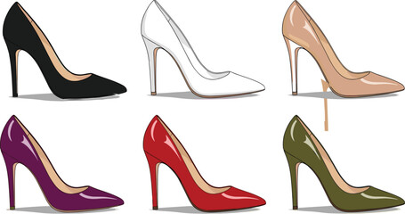 Elegant high heel shoes in six fashion colors, isolated vector set for boutique, retail, wardrobe, and style design themes.