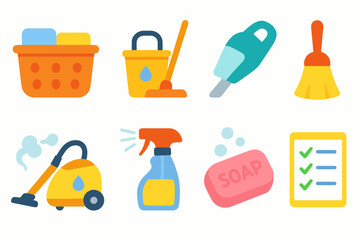 Cleaning items cartoon icons set