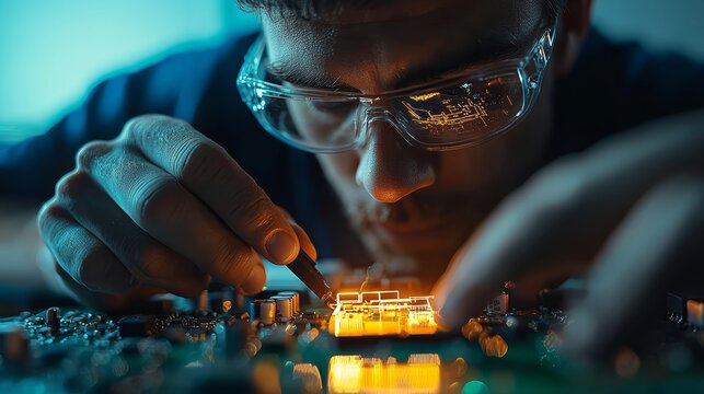 Tech Specialist at Work: A close-up view captures a dedicated technician meticulously examining electronic components. The image highlights his expertise, precision.