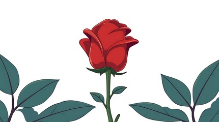 Vibrant red rose illustration on white background with green leaves