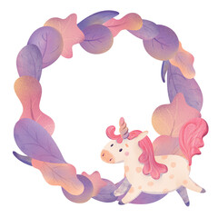 Unicorn with pink mane, golden horn, polka dots with magical autumn wreath of colorful leaves. Adorable children's illustration nursery decor, fairytales, greeting cards, stickers, baby shower designs