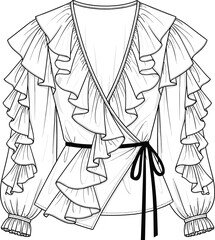 Elegant ruffled wrap blouse illustration with V-neckline, belt tie, long sleeves, romantic fashion sketch for women&rsquo;s clothing design.