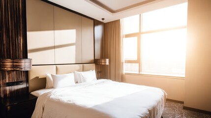 mattress. Elegant hotel bedroom with white linens and plush pillows illuminated by soft morning sunlight, lifestyle magazines.
