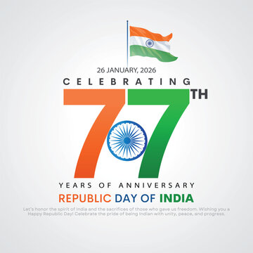 Happy 77th Republic Day India Background Design Template Illustration, Indian Republic Day Post Banner Design Template with Ashok chakra, flag and number.