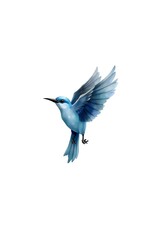 Watercolor illustration of a small blue bird in flight against a white background