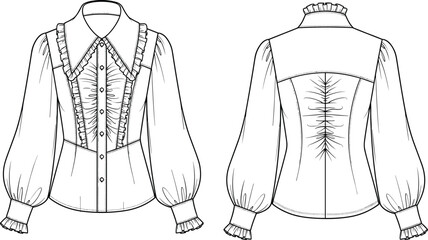 Elegant women's blouse technical fashion illustration with ruffled sleeves, button front, pointed collar, yoke back, and gathered details.