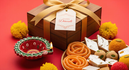 festive Diwali setup with a wrapped gift box traditional diya lamp greeting card and Indian sweets on red background
