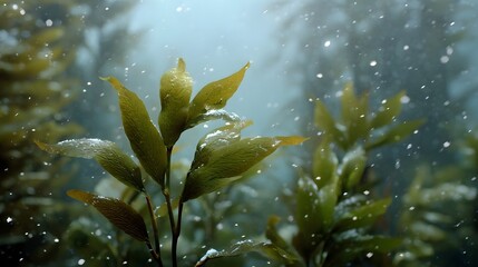 Serene underwater kelp forest bathed in soft diffused light with delicate particles drifting like snow