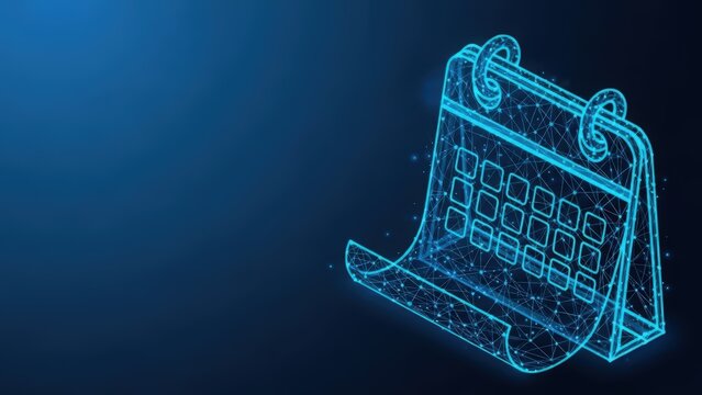 Digital calendar icon with a wireframe design on a blue abstract background representing planning and scheduling events - Powered by Adobe