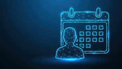 Digital calendar illustration with a polygonal person figure indicating planning and scheduling events