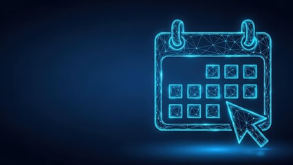 Digital calendar icon with scheduled dates on a dark blue background