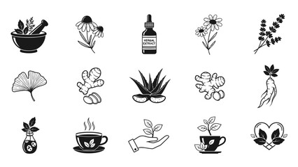 Botanical illustration set depicting herbs and plants commonly used in alternative medicine