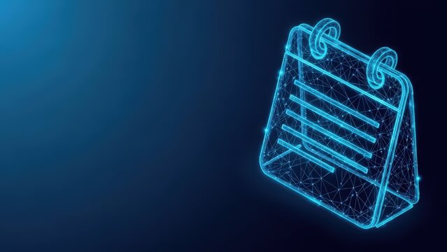 Digital clipboard wireframe with glowing blue lines on a dark background