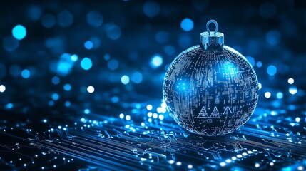 Futuristic Christmas tech holiday concept with glowing circuit board ornament against a blue bokeh background for a modern celebration design