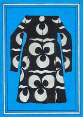 Traditional Ottoman inspired kaftan illustration with white crescent motifs on deep burgundy background. Hand painted mixed media artwork with ink outlines, framed composition, cultural textile design