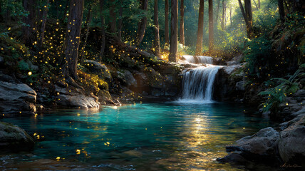 Enchanting waterfall in a lush forest with sparkling light