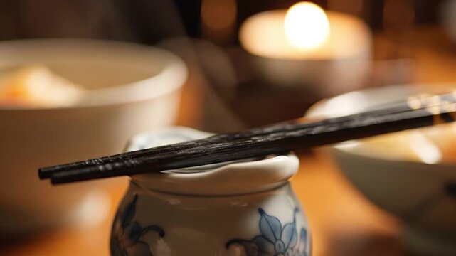 Harmony on the Table: An intimate dinner scene, where chopsticks rest elegantly on a ceramic chopstick rest, alongside soft blurred ambient candle light and the gentle glow of bowls.