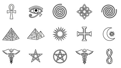 Collection of ancient symbols and occult signs representing spiritual and mystical beliefs in