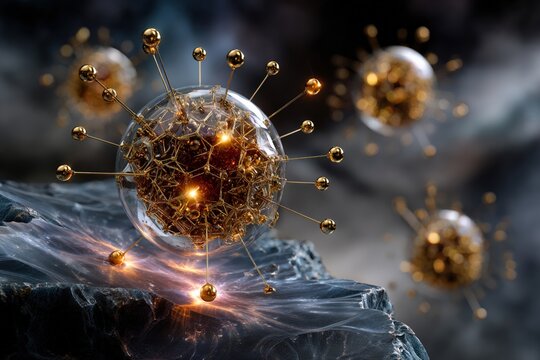 
nanotech sphere with intricate golden molecular framework enclosed in a transparent shell, floating above a surreal crystalline surface, representing advanced biotechnology and molecular engineering