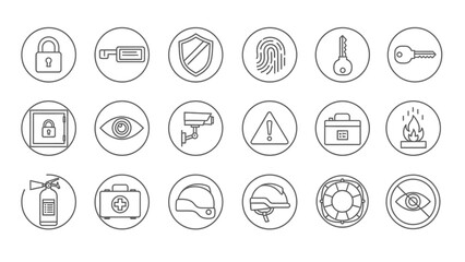 Comprehensive Security and Safety Icon Set Representing Protection Measures and Precautions