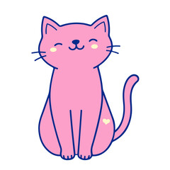 A pink cartoon cat sitting with a heart on its side and blue outlines on a white background image