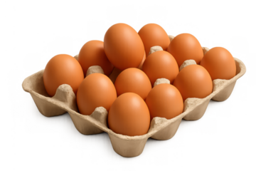 Brown eggs in a carton, a dozen fresh farm chicken eggs ready for cooking, healthy breakfast food, transparent background