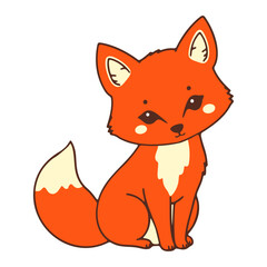 Illustration of a cute orange fox with white accents sitting upright and looking forward on a white background