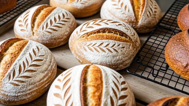 Baking and cooling bread rolls with simple designs in a bakery on a sunny day