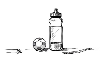Soccer ball and water bottle illustration against white background