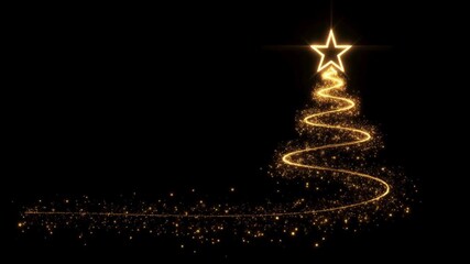 A glowing golden star sits atop a swirling, sparkling trail forming a Christmas tree shape against a black background. - Powered by Adobe