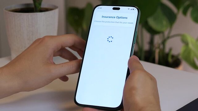 Closeup of a mans hands using a smartphone to browse an insurance marketplace, specifically finding and selecting a travel insurance policy to review its terms and cost. This clip captures the