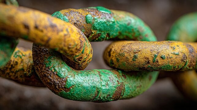 Closeup of rusted chain links with chipped yellow and green paint revealing corroded metal surface - Powered by Adobe