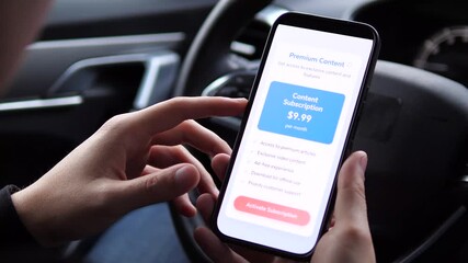 A consumer makes the decision to upgrade his digital experience by subscribing to paid content directly from his vehicle. The instant activation confirmation showcases the efficiency of modern