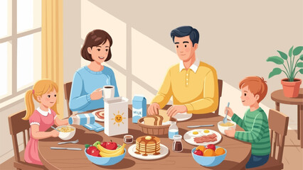 A cheerful family of four enjoying breakfast together at home.