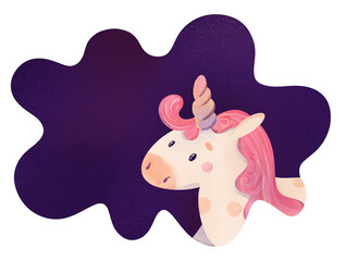 Cute whimsical unicorn floating on dark purple watercolor splash. Magical children's illustration for nursery decor, kids' cards, stickers, baby shower, fairy tale designs, wallpaper, nursery decor