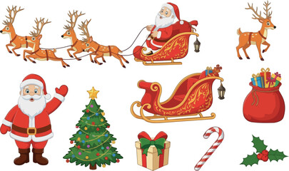 Fototapeta premium Christmas Vector Illustration Set: Santa Claus, Reindeer, Sleigh, and Holiday Elements