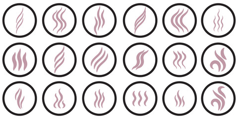 Smoke steam icon vector logo set. Smoke smell, steam aroma heat icon illustration. Hot vapor fire doodle line logo. Hit stink, coffee, fragrance flame elements. Vector illustration