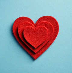 Obraz premium Flat felt red heart, crafted from cut pieces of felt, arranged in a slightly irregular layered design, with visible texture and soft fibers. Clean cerulean background with subtle grain