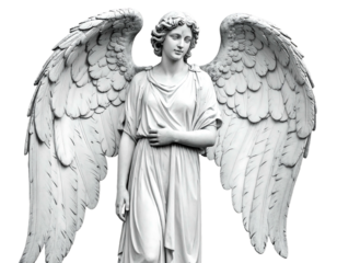 Elegant stone angel statue with large wings set against a black background, gracefully composed