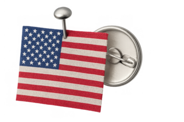 American flag fabric attached to a campaign button with a thumbtack, transparent background