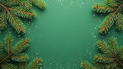 Festive green background with evergreen branches and subtle snowfall texture