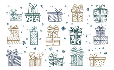 Doodle icons of gift box. Hand drawn elements.	
