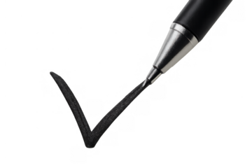 Pen drawing black check mark symbol, signifying completion, approval, and correctness on a transparent background