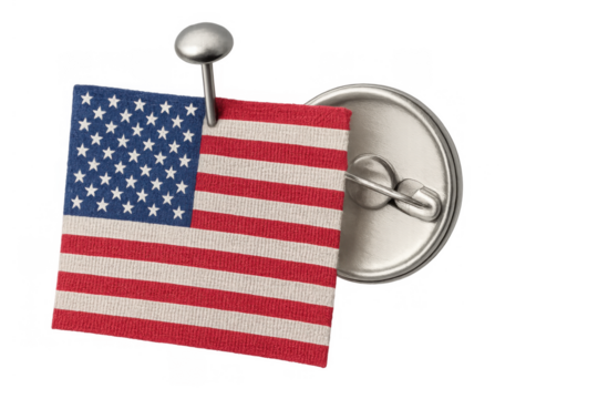 American flag fabric attached to a campaign button with a thumbtack, transparent background - Powered by Adobe
