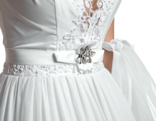Elegant, white gown with lace bodice and ribbon. Ribbon and beaded accents on the waist, flowing fabric skirt