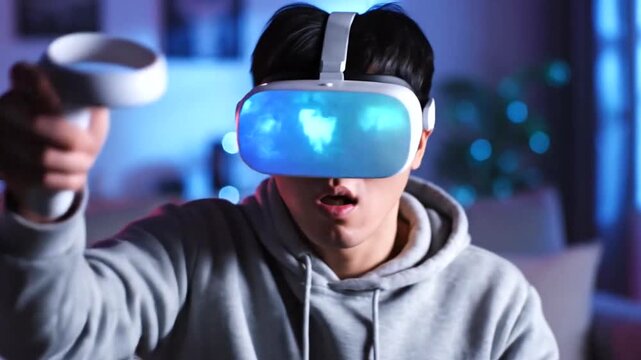 Excited young man immersed in virtual reality gaming with modern VR headset and controllers in