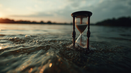 Hourglass sand water sunset waves time submerged in shallow sea with flowing sand and wet glass, soft sunset light over rippling water, golden horizon calm motion